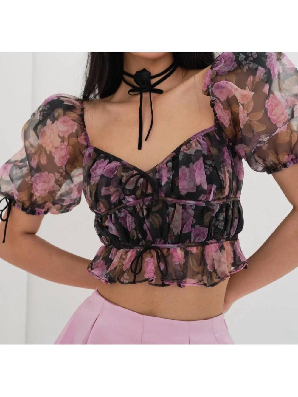For Love & Lemons Sunshine Crop Top Blouse Black Floral Size Small Puff Sleeve